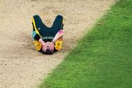 AUCKLAND, NEW ZEALAND - MARCH 24:  Dale Steyn of South Africa lies on the pitch after losing the 2015 Cricket World Cup Semi Final match between New Zealand and South Africa at Eden Park on March 24, 2015 in Auckland, New Zealand.  (Photo by Hannah Peters/Getty Images)